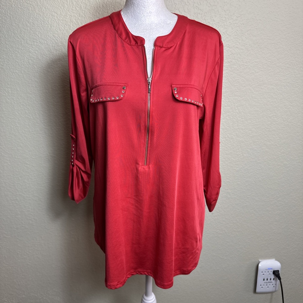 Crystaline by Tango Mango Top Red Sz L 3/4 Sleeve Rhinestones Pullover  Stretch